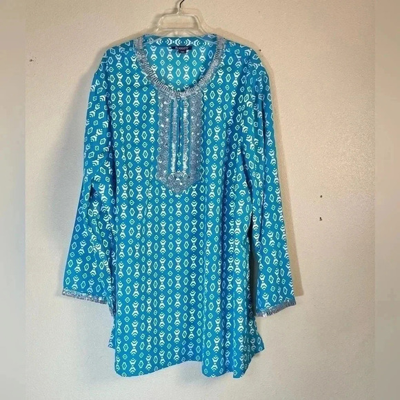 Roamans Plus Size 32W Tunic Top Ikat Diamond Print Beaded Neck Sleeve Turquoise - Picture 1 of 11